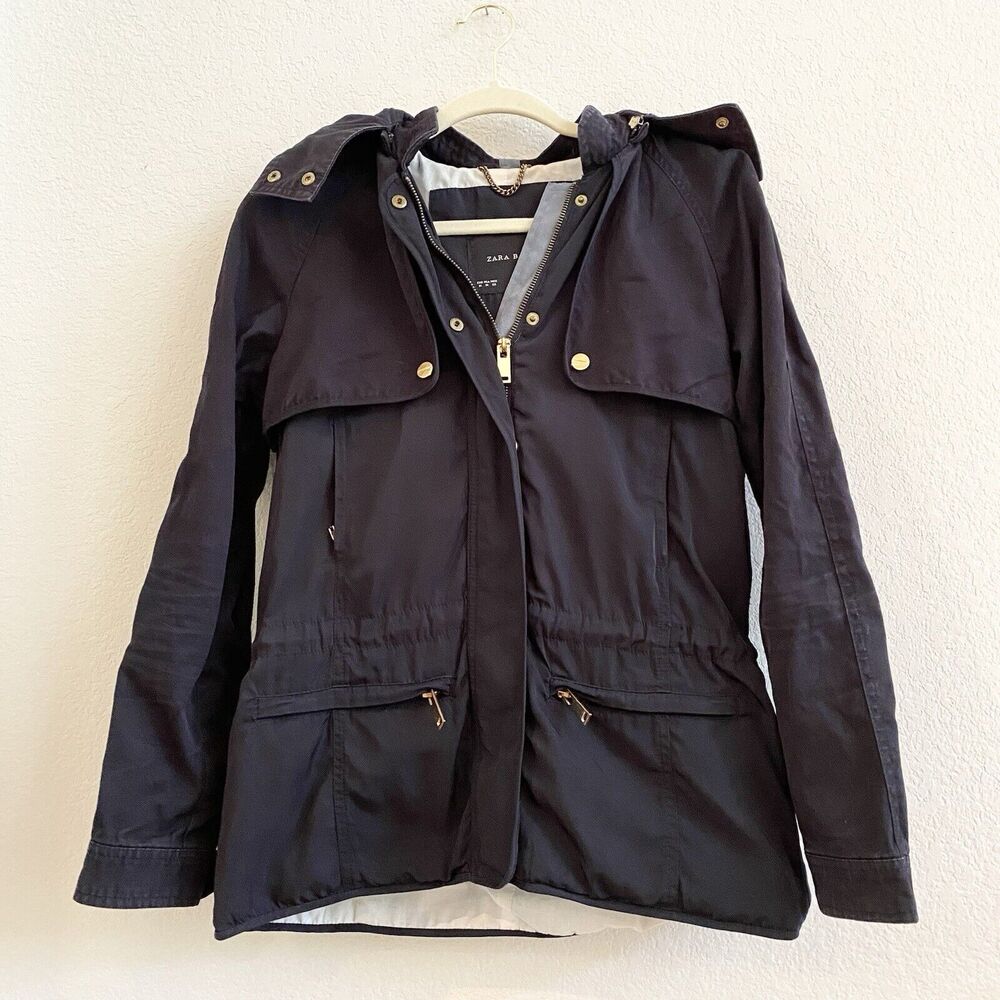 Zara Basic Black Zip Hooded Pockets Cinched Waist Windbreaker Jacket Size‎ M